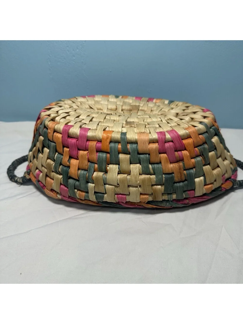 Vintage Hand Woven Oval Seagrass Basket Bowl Boho Two Handles Pink Teal Orange
